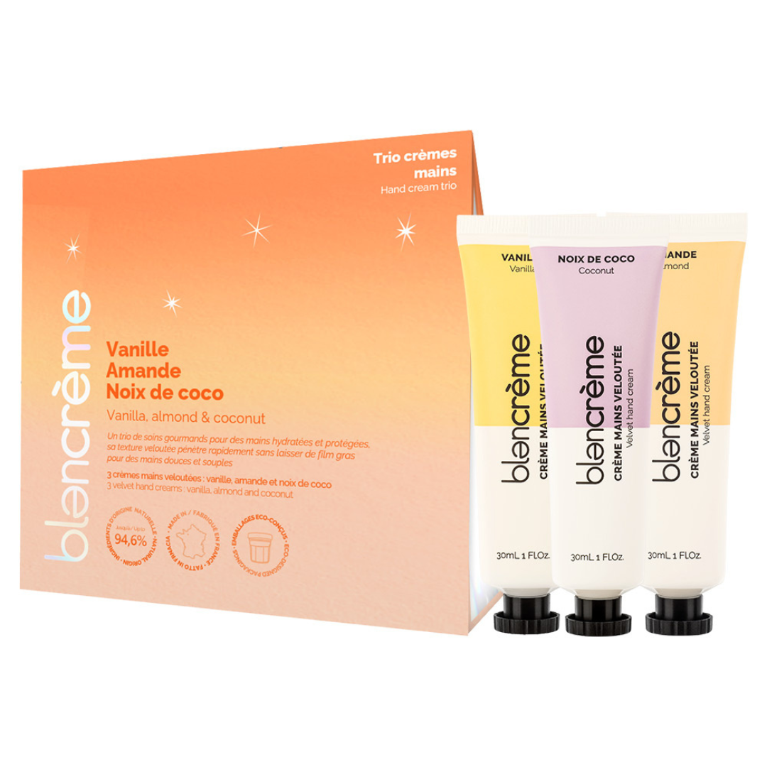 Blancrème Dream – Trio Cremes Mains – Gourmandes (Coco-Vanille-Amande)